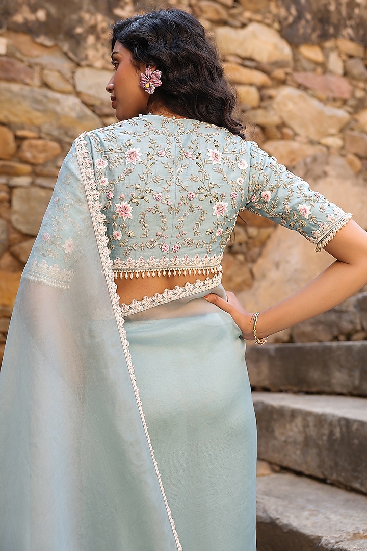 Light Blue Organza Zardosi & Resham Embroidered Reception Saree Set by Niti Bothra at Pernia's Pop Up Shop