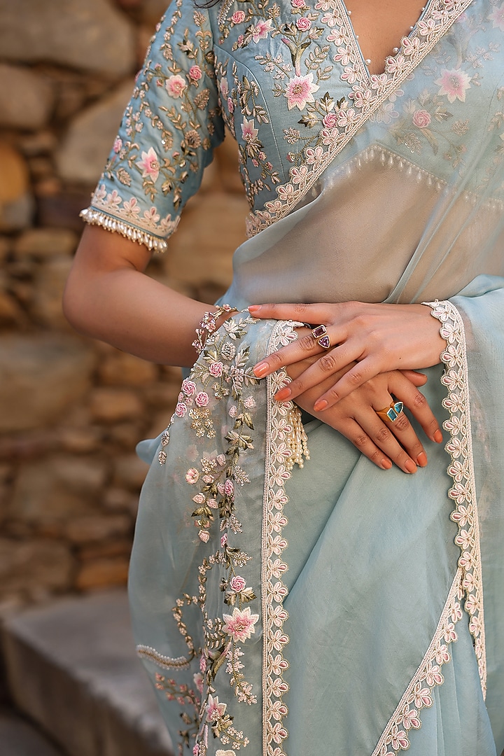 Light Blue Organza Zardosi & Resham Embroidered Reception Saree Set by Niti Bothra at Pernia's Pop Up Shop