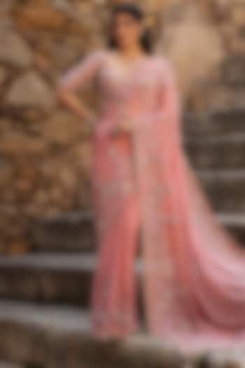 Pink Georgette Zardosi & Resham Embroidered Bridal Saree Set by Niti Bothra at Pernia's Pop Up Shop