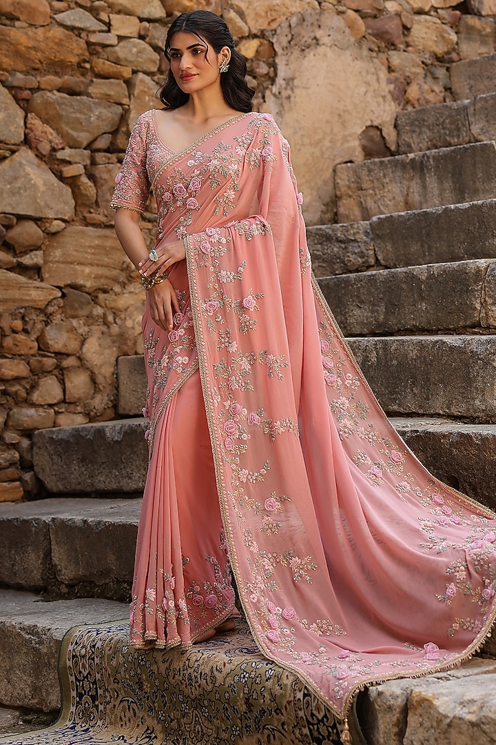 Pink Georgette Zardosi & Resham Embroidered Bridal Saree Set by Niti Bothra at Pernia's Pop Up Shop