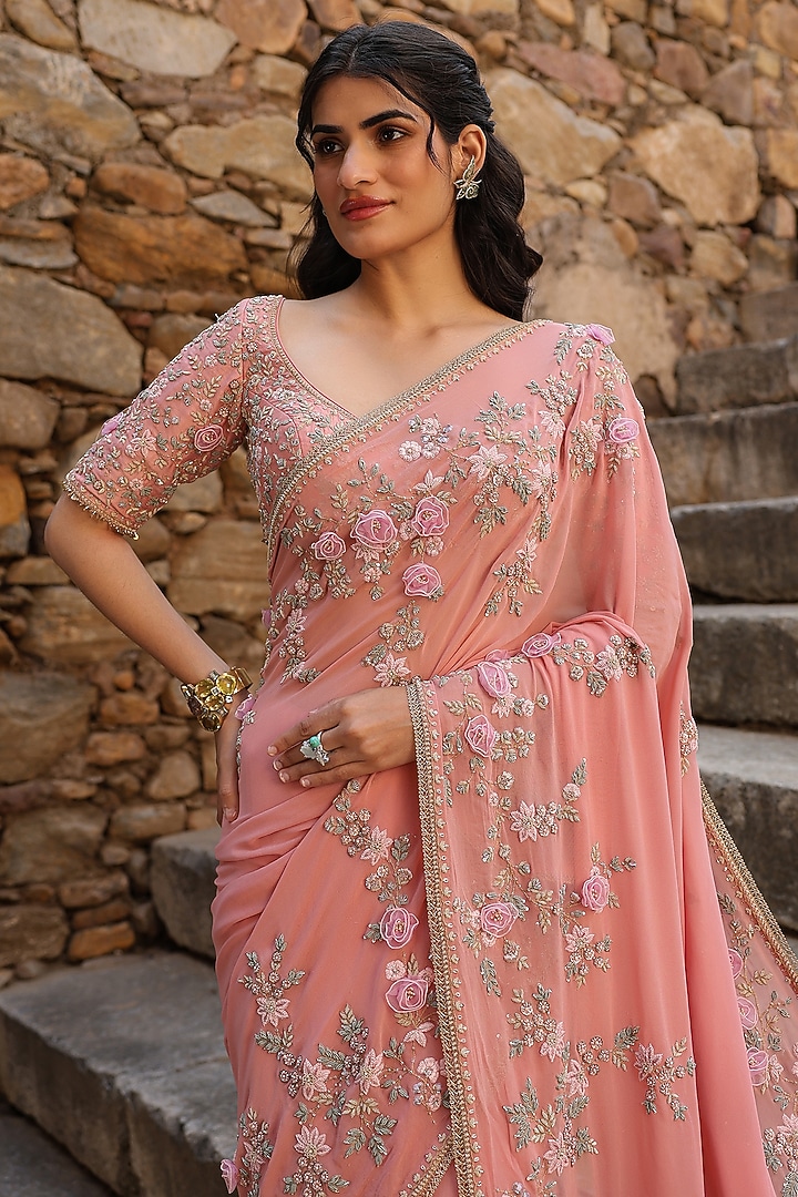 Pink Georgette Zardosi & Resham Embroidered Bridal Saree Set by Niti Bothra at Pernia's Pop Up Shop