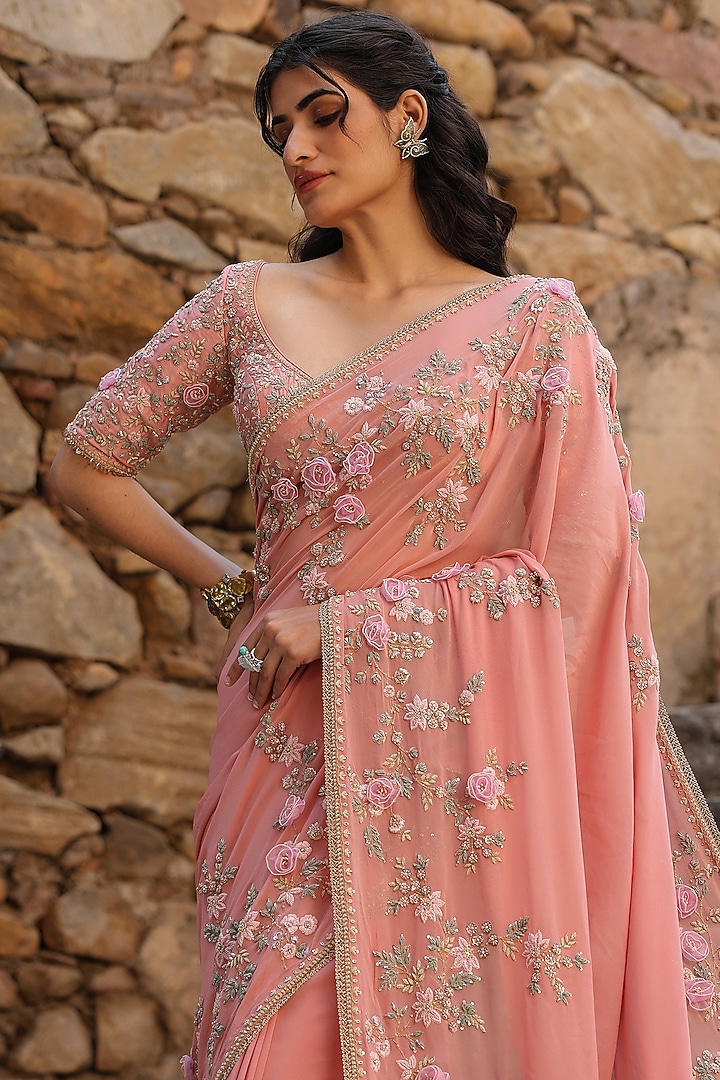 Pink Georgette Zardosi & Resham Embroidered Bridal Saree Set by Niti Bothra at Pernia's Pop Up Shop