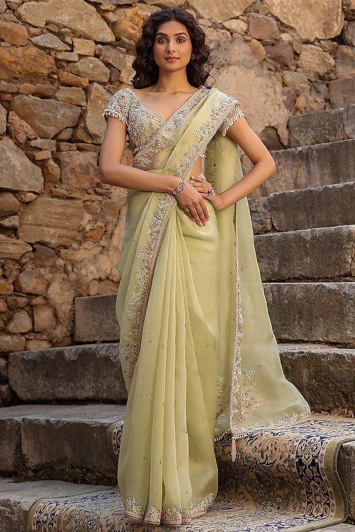 Green Organza Zardosi Embroidered Reception Saree Set by Niti Bothra at Pernia's Pop Up Shop