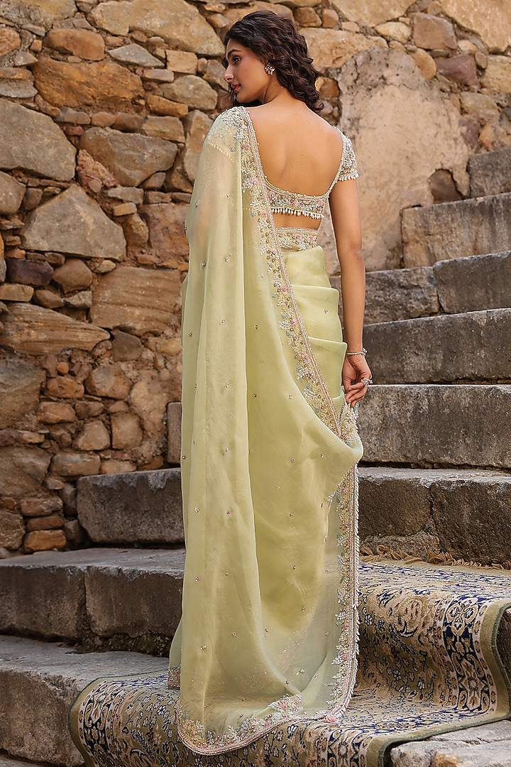 Green Organza Zardosi Embroidered Reception Saree Set by Niti Bothra at Pernia's Pop Up Shop