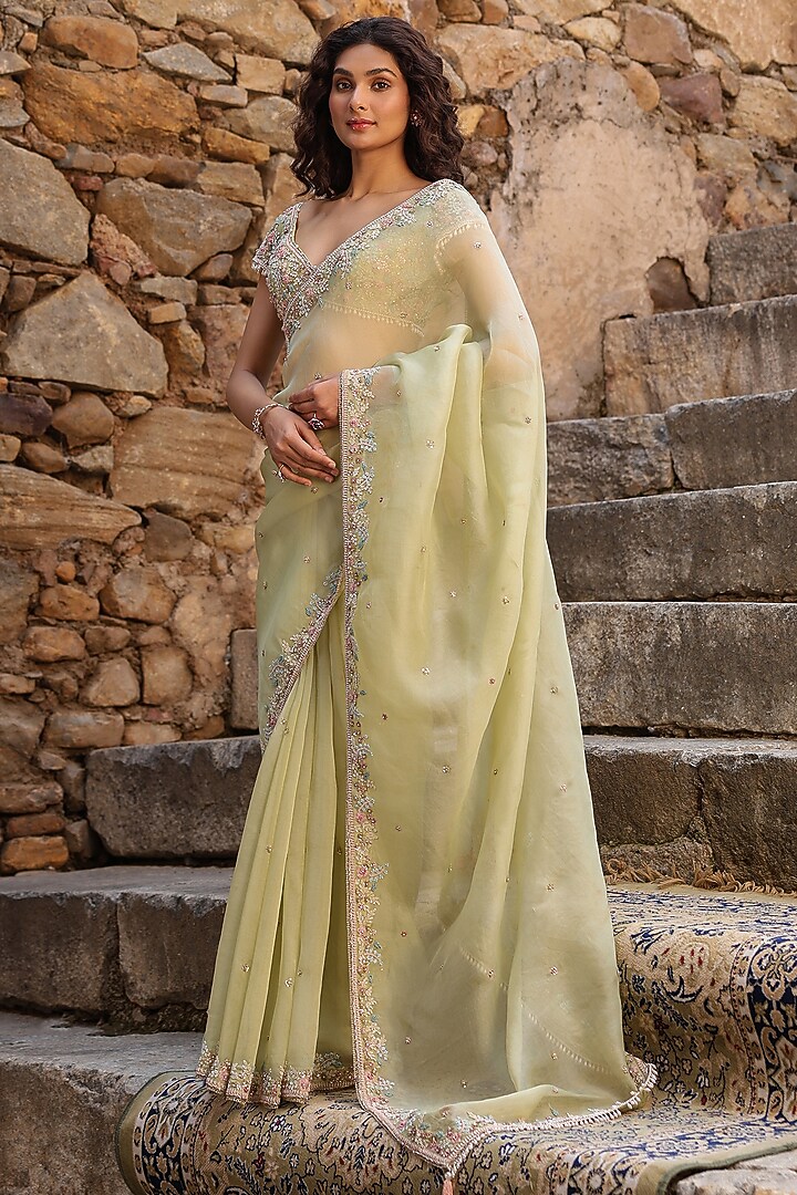 Green Organza Zardosi Embroidered Reception Saree Set by Niti Bothra at Pernia's Pop Up Shop