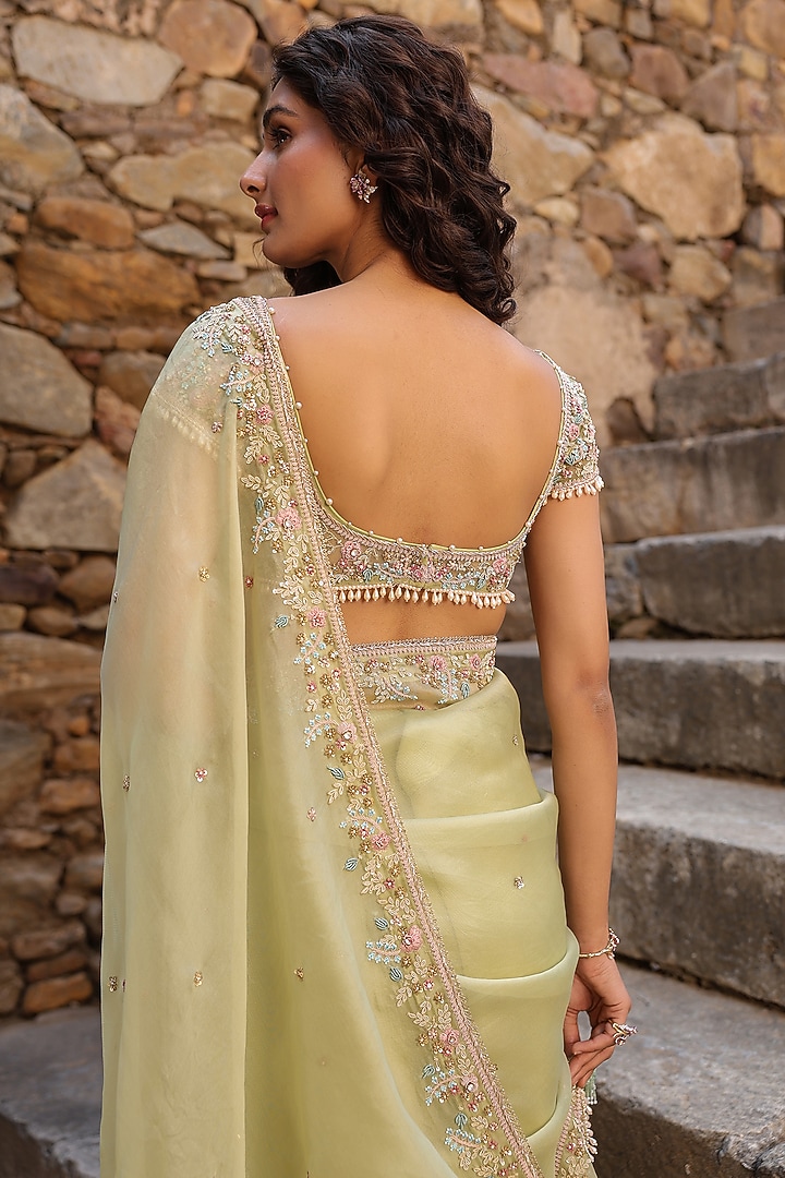 Green Organza Zardosi Embroidered Reception Saree Set by Niti Bothra at Pernia's Pop Up Shop