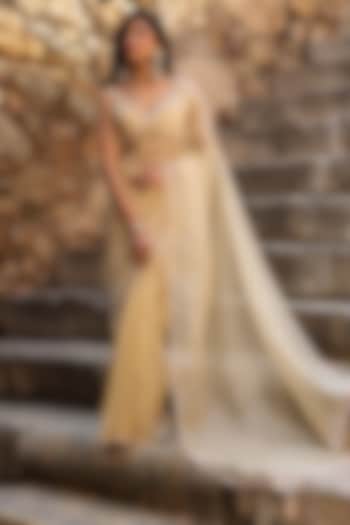 Beige Organza Resham Embroidered Reception Saree Set by Niti Bothra at Pernia's Pop Up Shop