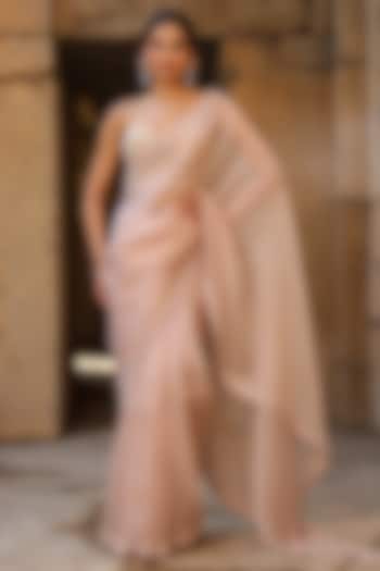 Light Pink Organza Applique Embroidered Wedding Saree Set by Niti Bothra at Pernia's Pop Up Shop