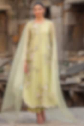 Green Organza Zardosi & Pearl Embroidered Kurta Set by Niti Bothra at Pernia's Pop Up Shop