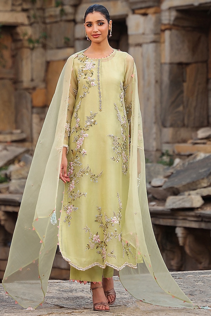 Green Organza Zardosi & Pearl Embroidered Kurta Set by Niti Bothra at Pernia's Pop Up Shop