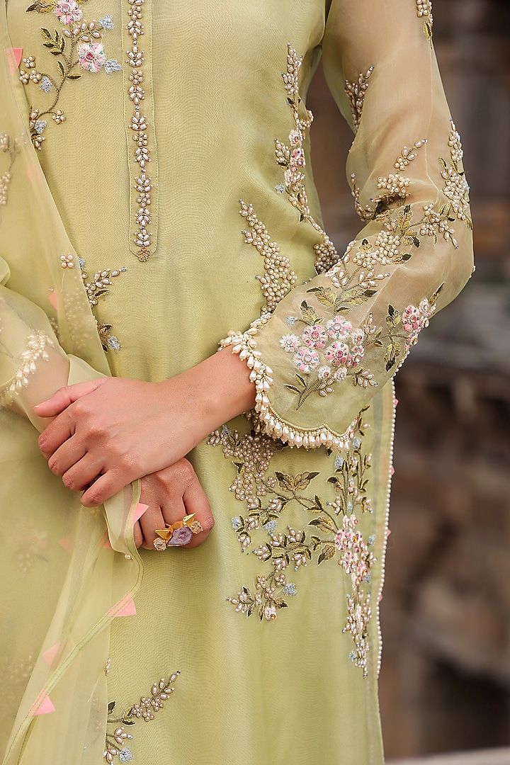 Green Organza Zardosi & Pearl Embroidered Kurta Set by Niti Bothra at Pernia's Pop Up Shop