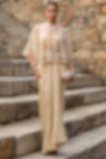 Beige Dupion Silk Draped Skirt Set by Niti Bothra at Pernia's Pop Up Shop