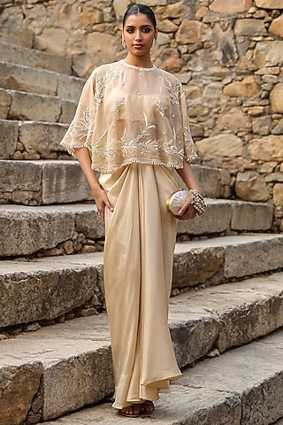 Beige Dupion Silk Draped Skirt Set by Niti Bothra