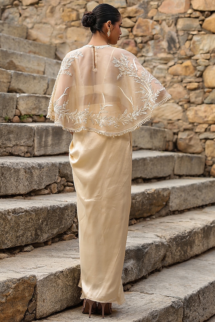 Beige Dupion Silk Draped Skirt Set by Niti Bothra at Pernia's Pop Up Shop
