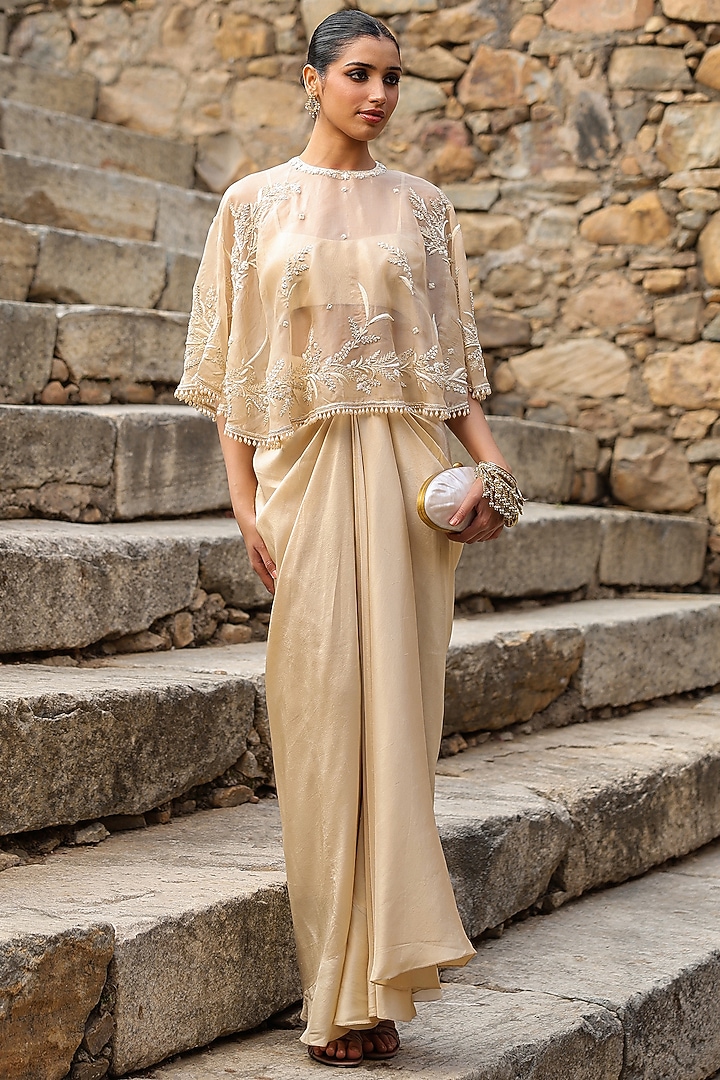Beige Dupion Silk Draped Skirt Set by Niti Bothra at Pernia's Pop Up Shop
