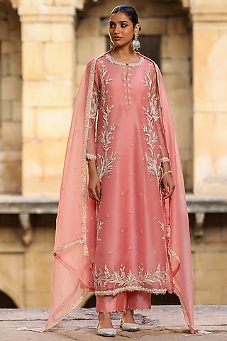 Pink Organza & Silk Tencel Resham Embroidered Kurta Set by Niti Bothra