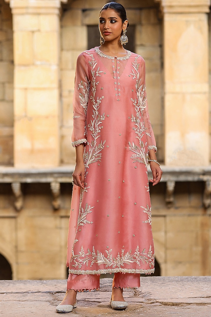 Pink Organza & Silk Tencel Resham Embroidered Kurta Set by Niti Bothra at Pernia's Pop Up Shop