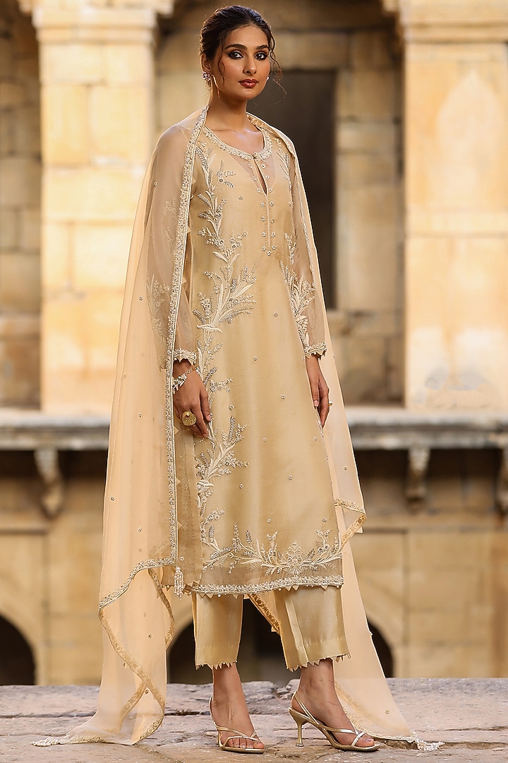 Beige Organza & Silk Tencel Resham Embroidered Kurta Set by Niti Bothra at Pernia's Pop Up Shop