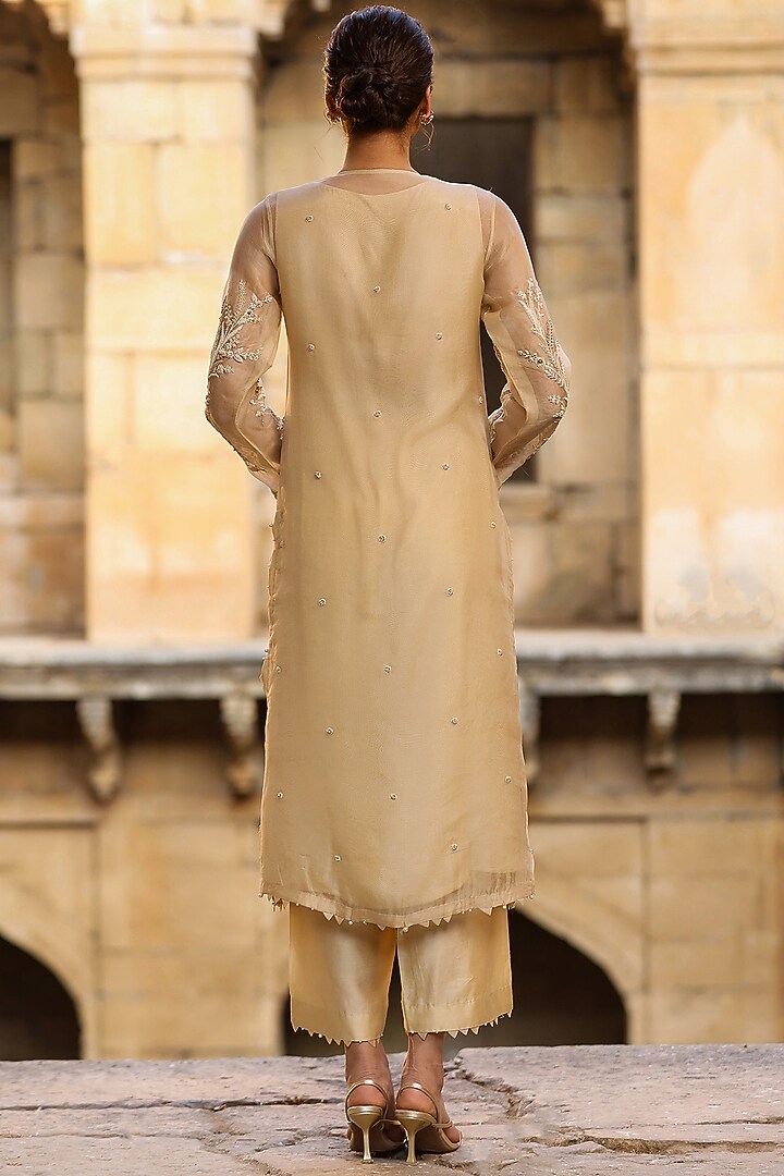 Beige Organza & Silk Tencel Resham Embroidered Kurta Set by Niti Bothra at Pernia's Pop Up Shop