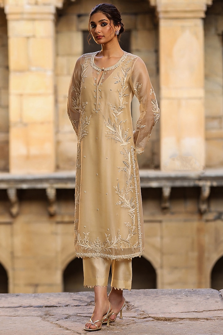 Beige Organza & Silk Tencel Resham Embroidered Kurta Set by Niti Bothra at Pernia's Pop Up Shop
