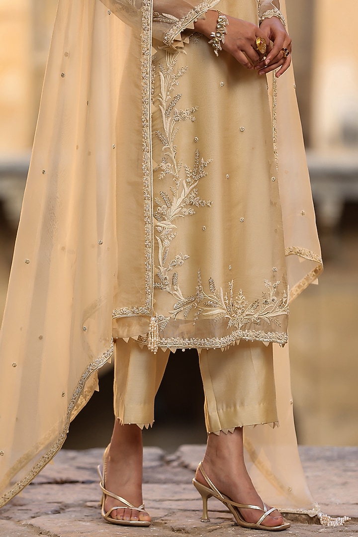 Beige Organza & Silk Tencel Resham Embroidered Kurta Set by Niti Bothra at Pernia's Pop Up Shop