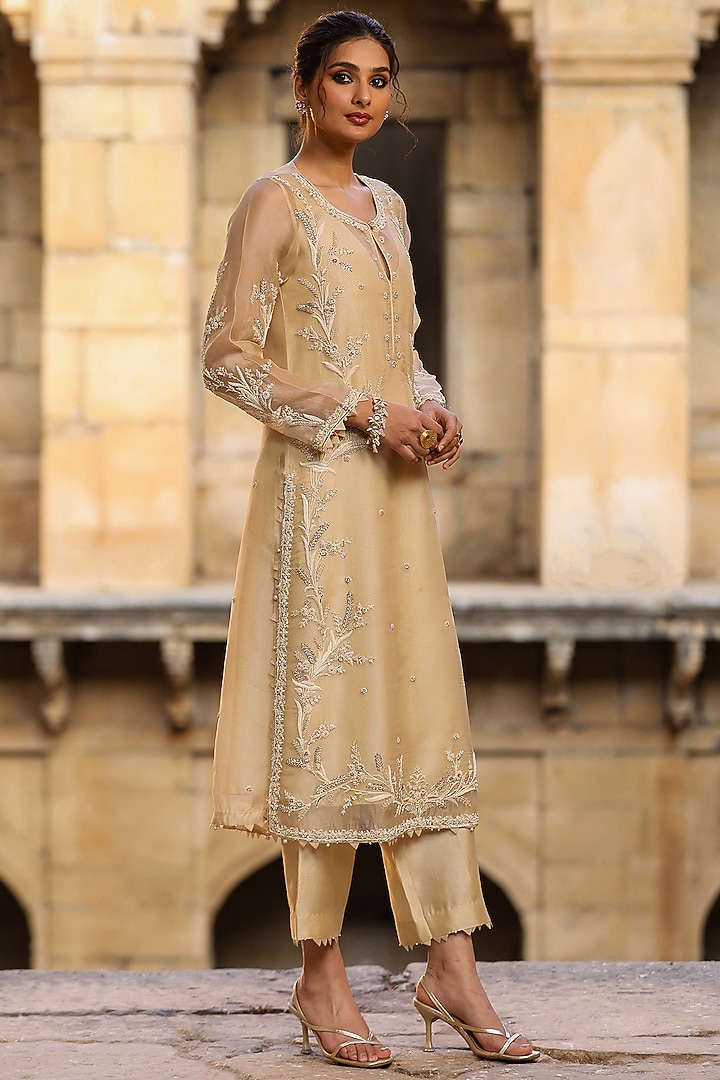 Beige Organza & Silk Tencel Resham Embroidered Kurta Set by Niti Bothra at Pernia's Pop Up Shop
