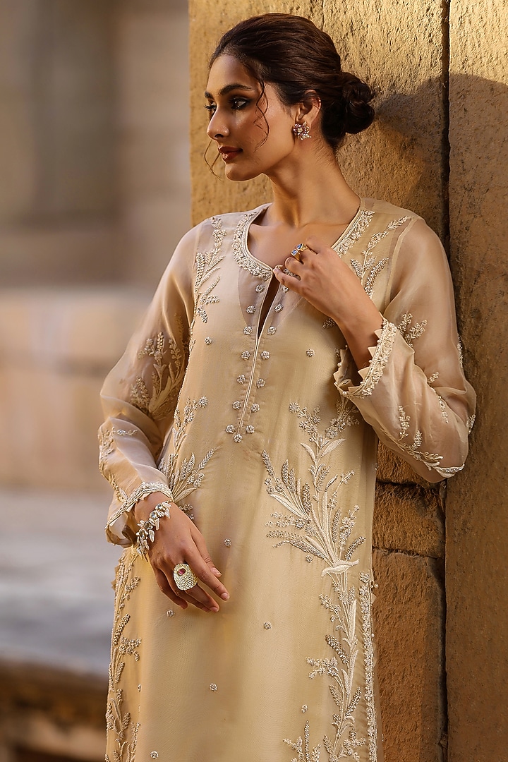 Beige Organza & Silk Tencel Resham Embroidered Kurta Set by Niti Bothra at Pernia's Pop Up Shop