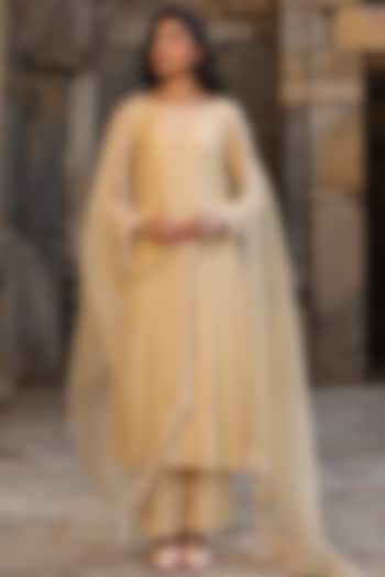 Beige Silk Modal Aari Embroidered Kurta Set by Niti Bothra at Pernia's Pop Up Shop