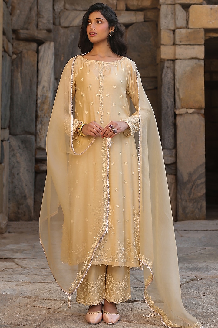 Beige Silk Modal Aari Embroidered Kurta Set by Niti Bothra at Pernia's Pop Up Shop