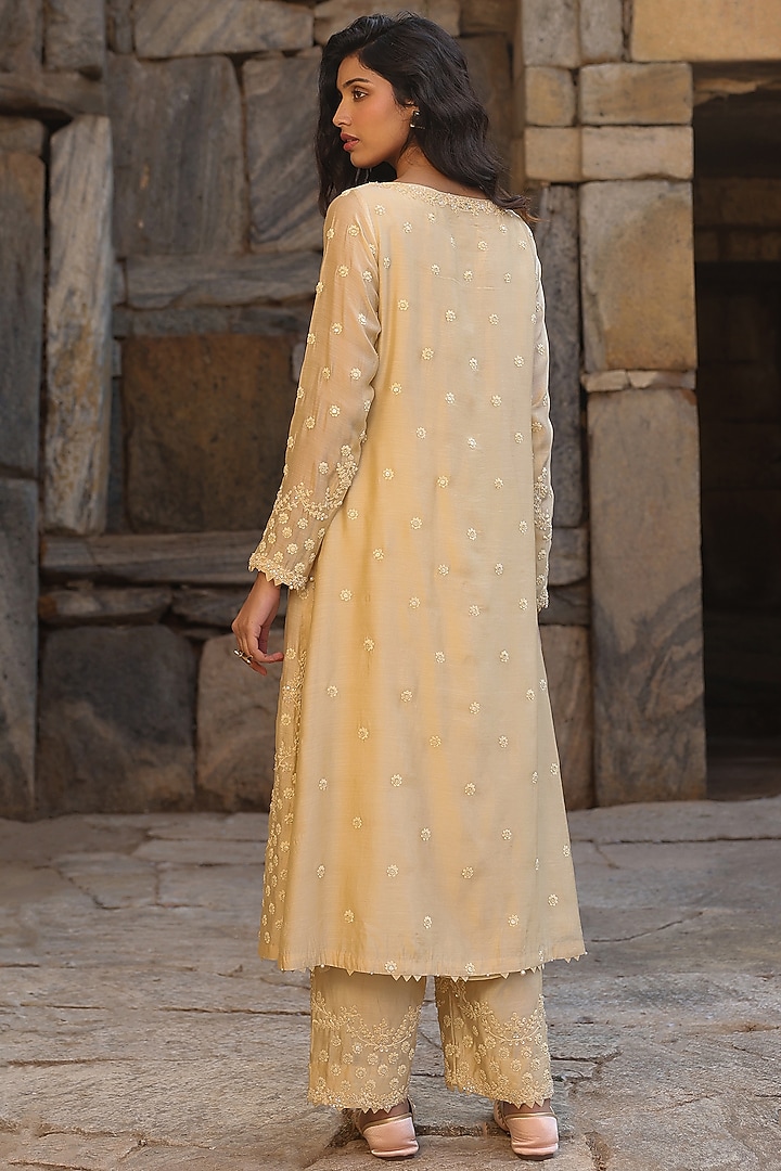 Beige Silk Modal Aari Embroidered Kurta Set by Niti Bothra at Pernia's Pop Up Shop