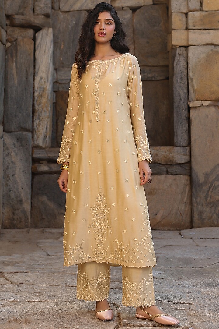 Beige Silk Modal Aari Embroidered Kurta Set by Niti Bothra at Pernia's Pop Up Shop