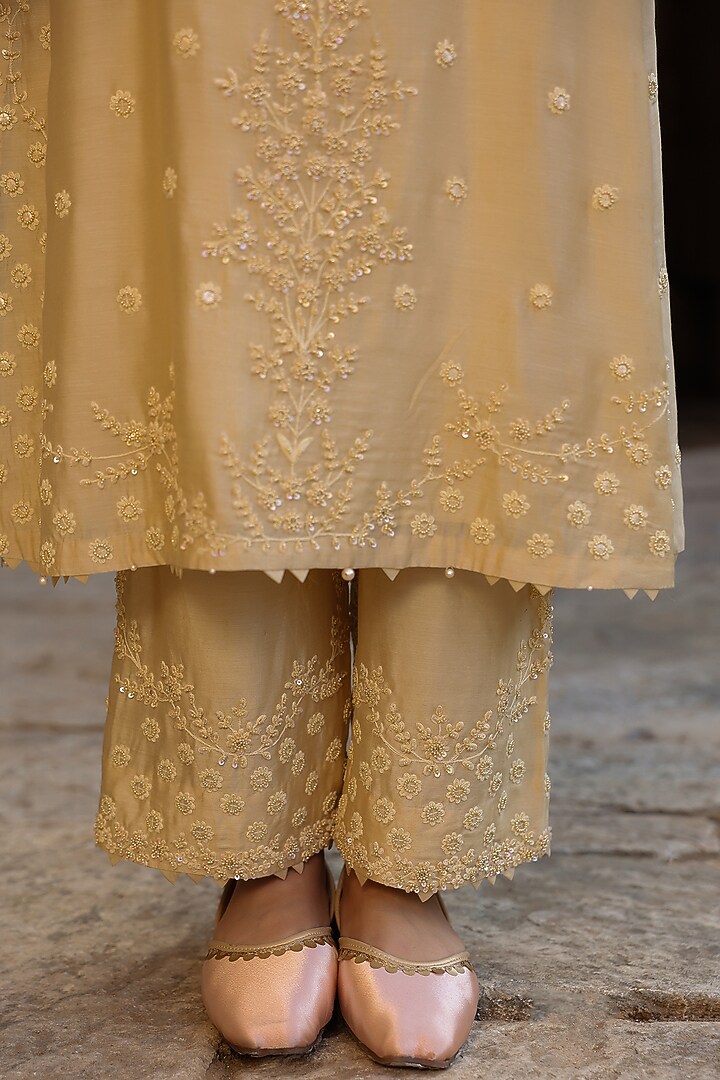 Beige Silk Modal Aari Embroidered Kurta Set by Niti Bothra at Pernia's Pop Up Shop