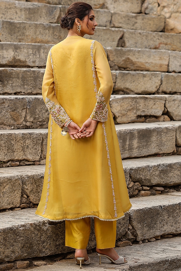 Yellow Organza Pearl Embroidered Kurta Set by Niti Bothra at Pernia's Pop Up Shop
