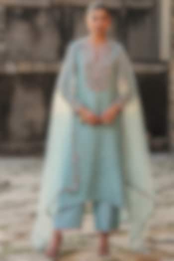 Light Blue Silk Tencel Zardosi Embroidered Kurta Set by Niti Bothra at Pernia's Pop Up Shop