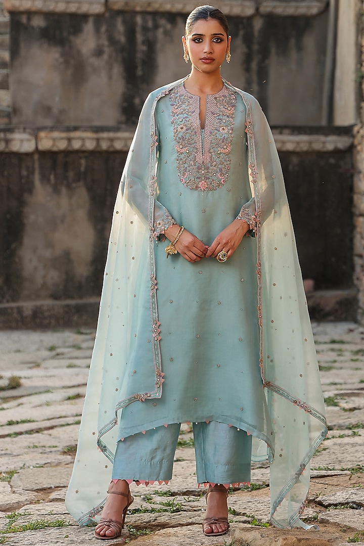 Light Blue Silk Tencel Zardosi Embroidered Kurta Set by Niti Bothra at Pernia's Pop Up Shop