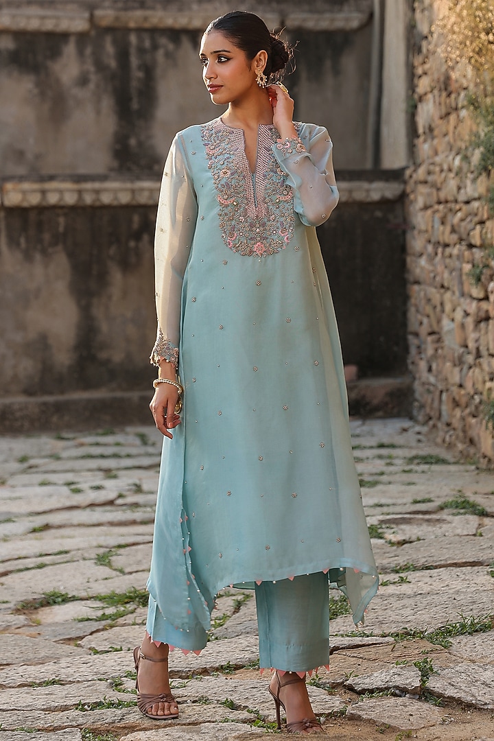 Light Blue Silk Tencel Zardosi Embroidered Kurta Set by Niti Bothra at Pernia's Pop Up Shop