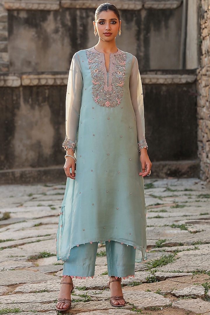 Light Blue Silk Tencel Zardosi Embroidered Kurta Set by Niti Bothra at Pernia's Pop Up Shop