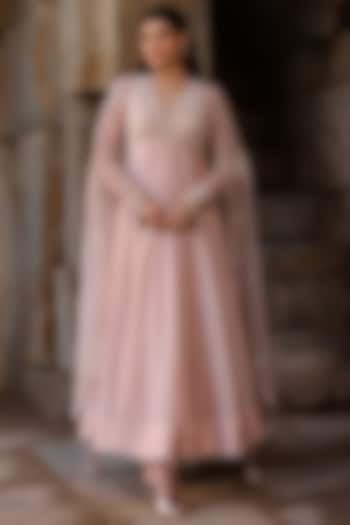 Light Pink Silk Modal Applique Embroidered Kalidar Wedding Anarkali Set by Niti Bothra at Pernia's Pop Up Shop