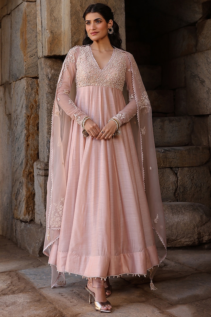 Light Pink Silk Modal Applique Embroidered Kalidar Wedding Anarkali Set by Niti Bothra at Pernia's Pop Up Shop