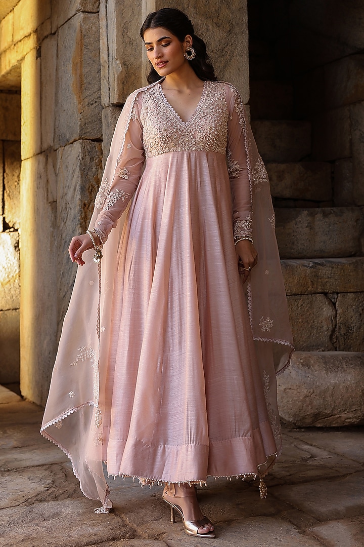 Light Pink Silk Modal Applique Embroidered Kalidar Wedding Anarkali Set by Niti Bothra at Pernia's Pop Up Shop