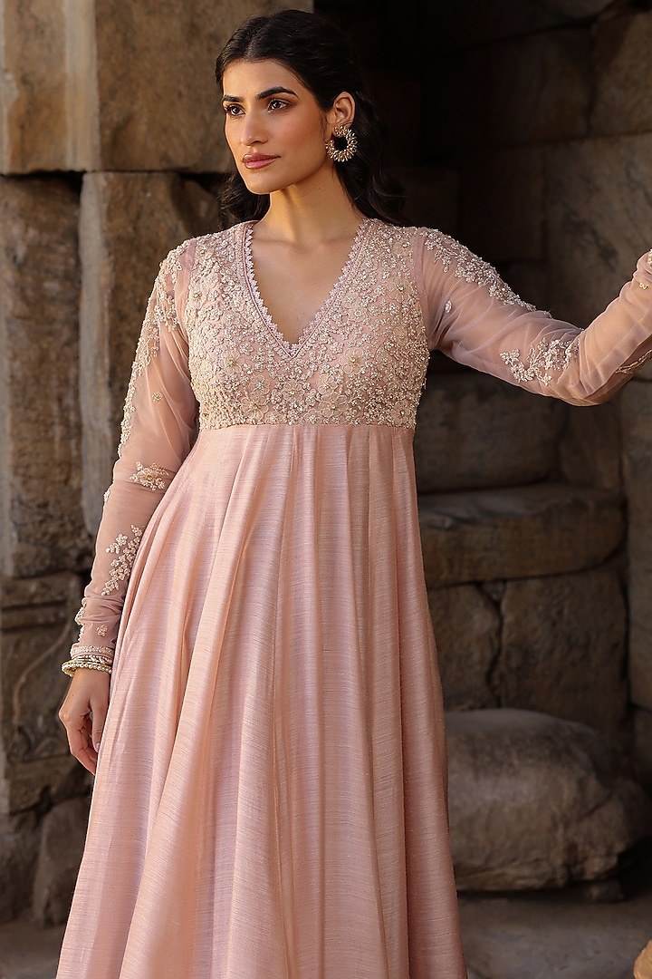 Light Pink Silk Modal Applique Embroidered Kalidar Wedding Anarkali Set by Niti Bothra at Pernia's Pop Up Shop
