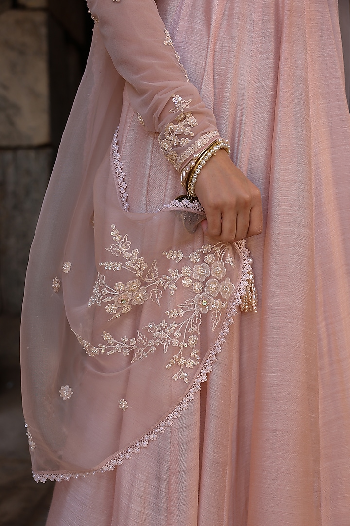 Light Pink Silk Modal Applique Embroidered Kalidar Wedding Anarkali Set by Niti Bothra at Pernia's Pop Up Shop