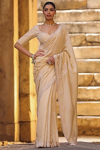 Beige Silk Modal Pearl Embroidered Saree Set by Niti Bothra