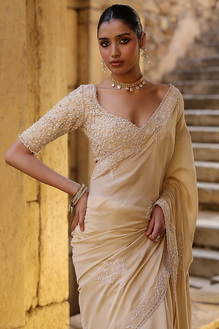 Beige Silk Modal Pearl Embroidered Wedding Saree Set by Niti Bothra at Pernia's Pop Up Shop