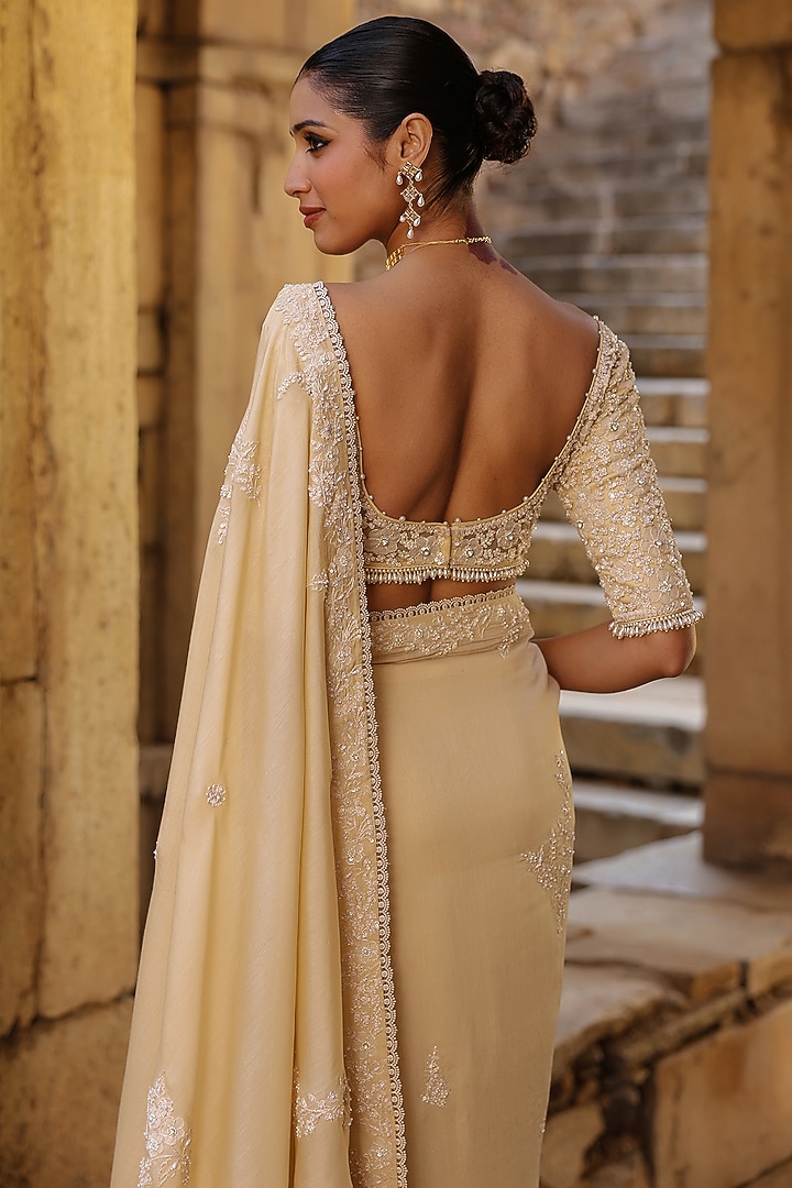Beige Silk Modal Pearl Embroidered Wedding Saree Set by Niti Bothra at Pernia's Pop Up Shop