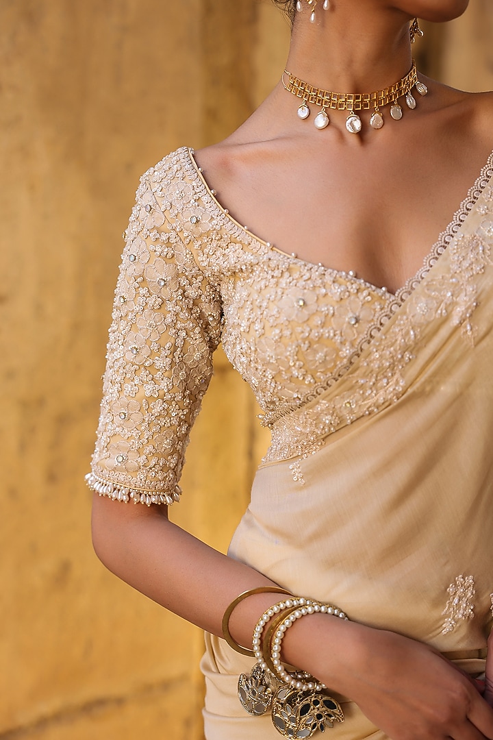 Beige Silk Modal Pearl Embroidered Wedding Saree Set by Niti Bothra at Pernia's Pop Up Shop