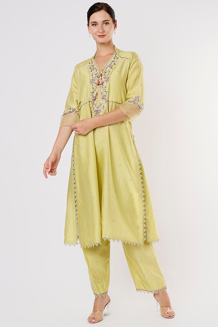 Mint Green Silk Embroidered Kurta Set by Niti Bothra