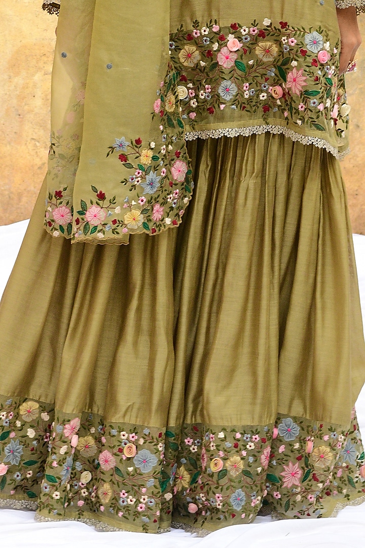 Olive Green Banarasi Silk Embroidered Wedding Sharara Set by Niti Bothra at Pernia's Pop Up Shop
