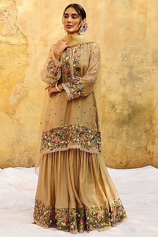 Ivory Banarasi Silk Embroidered Sharara Set by Niti Bothra