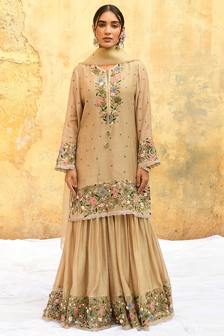 Ivory Banarasi Silk Embroidered Wedding Sharara Set by Niti Bothra at Pernia's Pop Up Shop